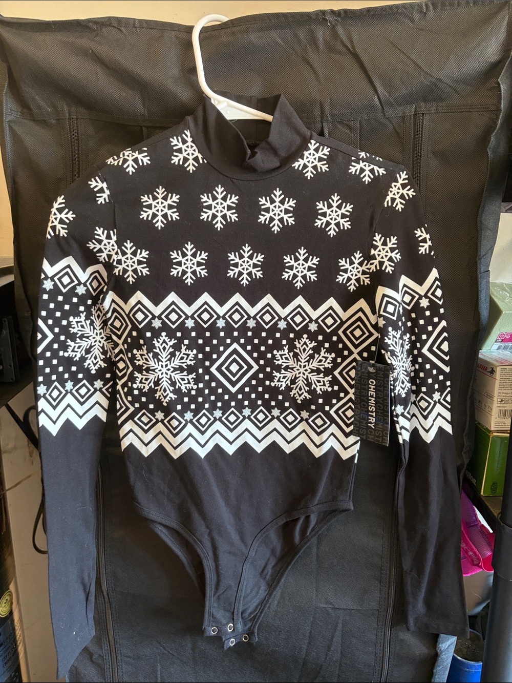 Chemistry Black & White Snowflake Turtleneck Bodysuit Sweater
